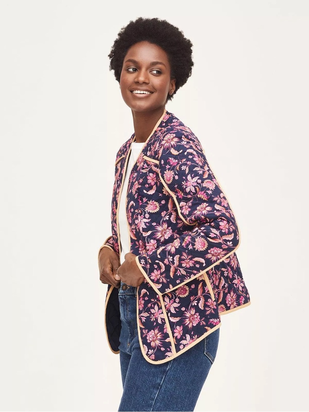 Floral Quilted Blazer with Pink Trim - Navy
